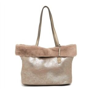 Jessica Simpson Shoulder Faux Fur Tote Bag Metallic Purse & Pouch Set